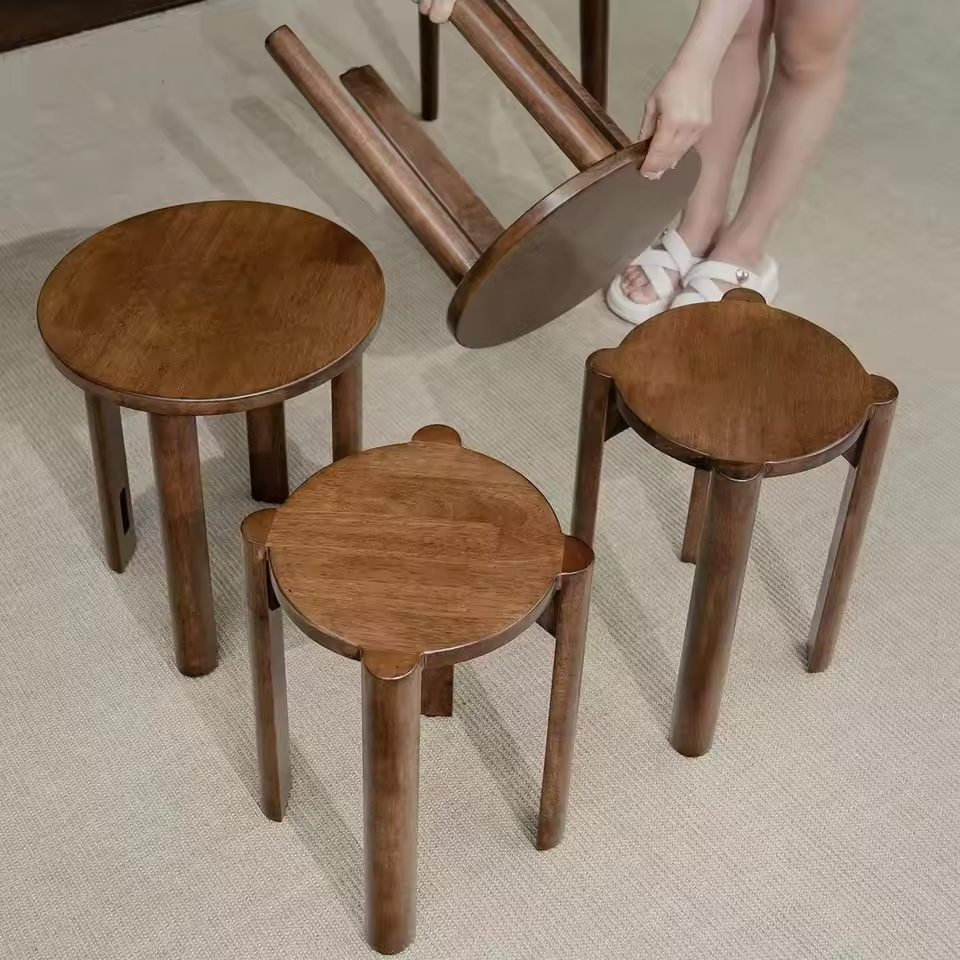 Versatile Multifunctional Nesting Side Table & Wooden Stools Set - Space-Saving Furniture Solution